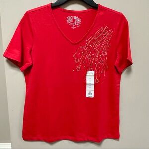 Coral Bay Petites Sz PS Red T Shirt Gold & Silver Shooting Stars NWT